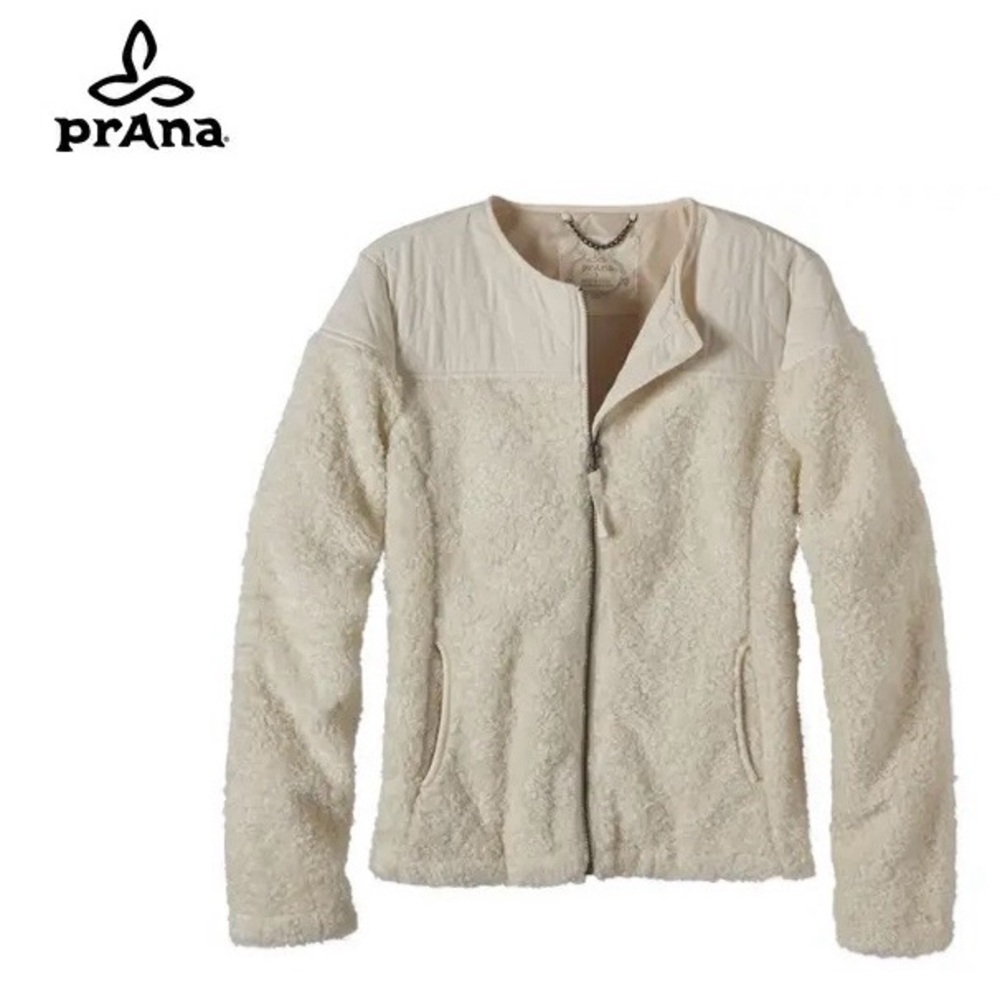 prAna Good Lux Sherpa Fleece Zip Jacket Off White Cozy Quilted Trim Women’s XL - Picture 4 of 16